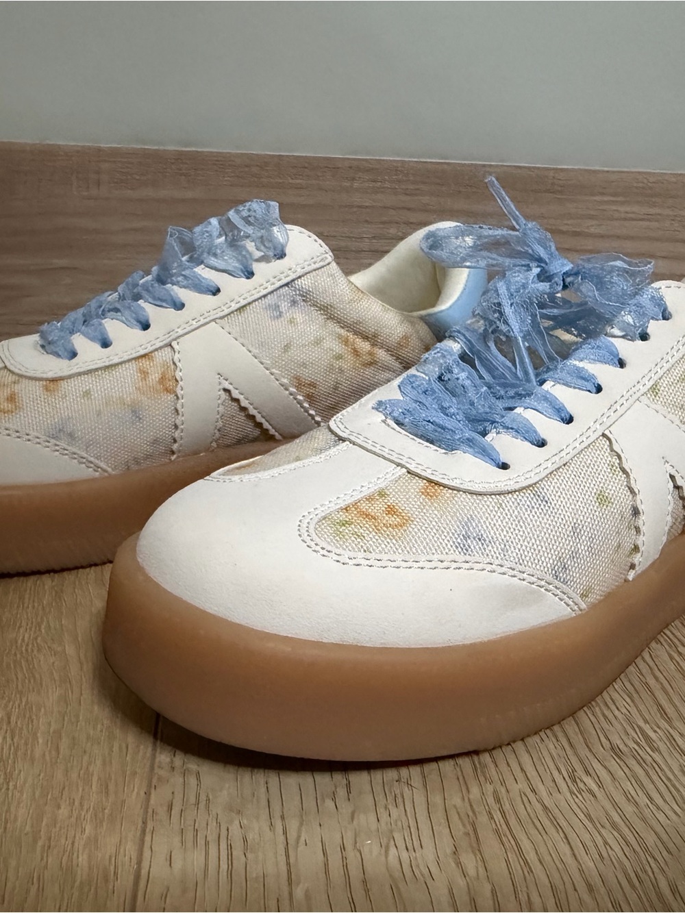 MIA Cream Floral Sneakers with Light Blue Ribbon Laces